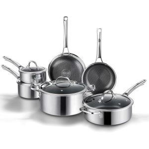 SNOWCLAD Pots and Pans set non stick, 10 pcs Hybrid Stainless Steel Cookware Sets, non stick Frying Pans, Saucepans, Saute Pan & Stock Pot, PFOA Free kitchen skillet,Induction Compatible Metal Nonstick