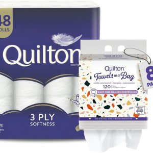 Quilton Toilet Paper 3-Ply Tissue 48 Rolls with Quilton Paper Towels in a Bag, Strong, Soft and Absorbent, Gentle on Skin, Convenient Bundle for Home and Family Use